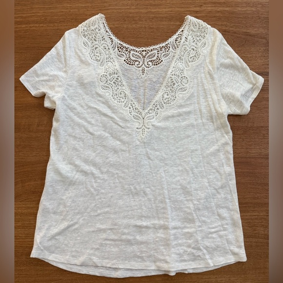 Sézane White Linen Mina Tee Shirt Reversible Lace V Neck or Round Medium - Picture 1 of 7